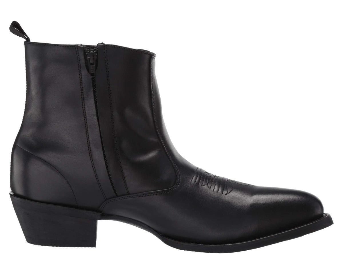 Black leather cowboy-style boots with side zipper and stitched shaft seam