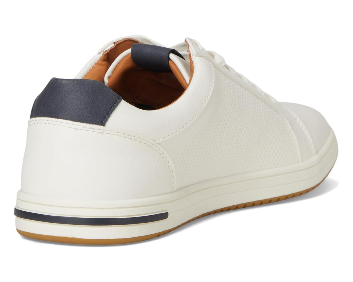Men's Dune London Tezzy white sneakers, navy heel tab and tan-striped sole