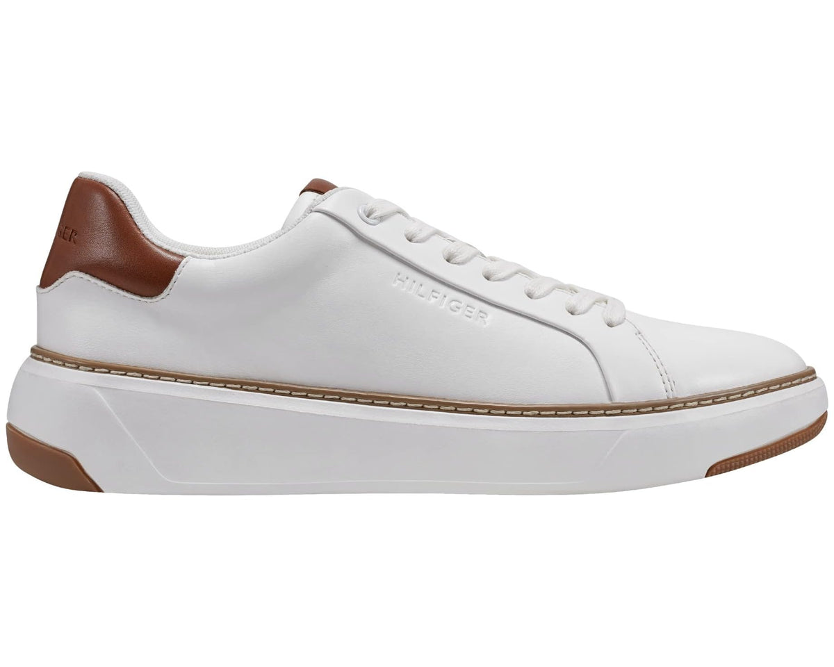 White Tommy Hilfiger Hines low-top sneaker with brown side panel and stitched toe