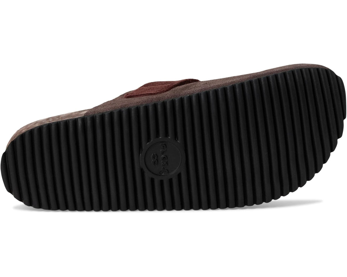 Ribbed black rubber outsole on dark espresso clog with brown strap