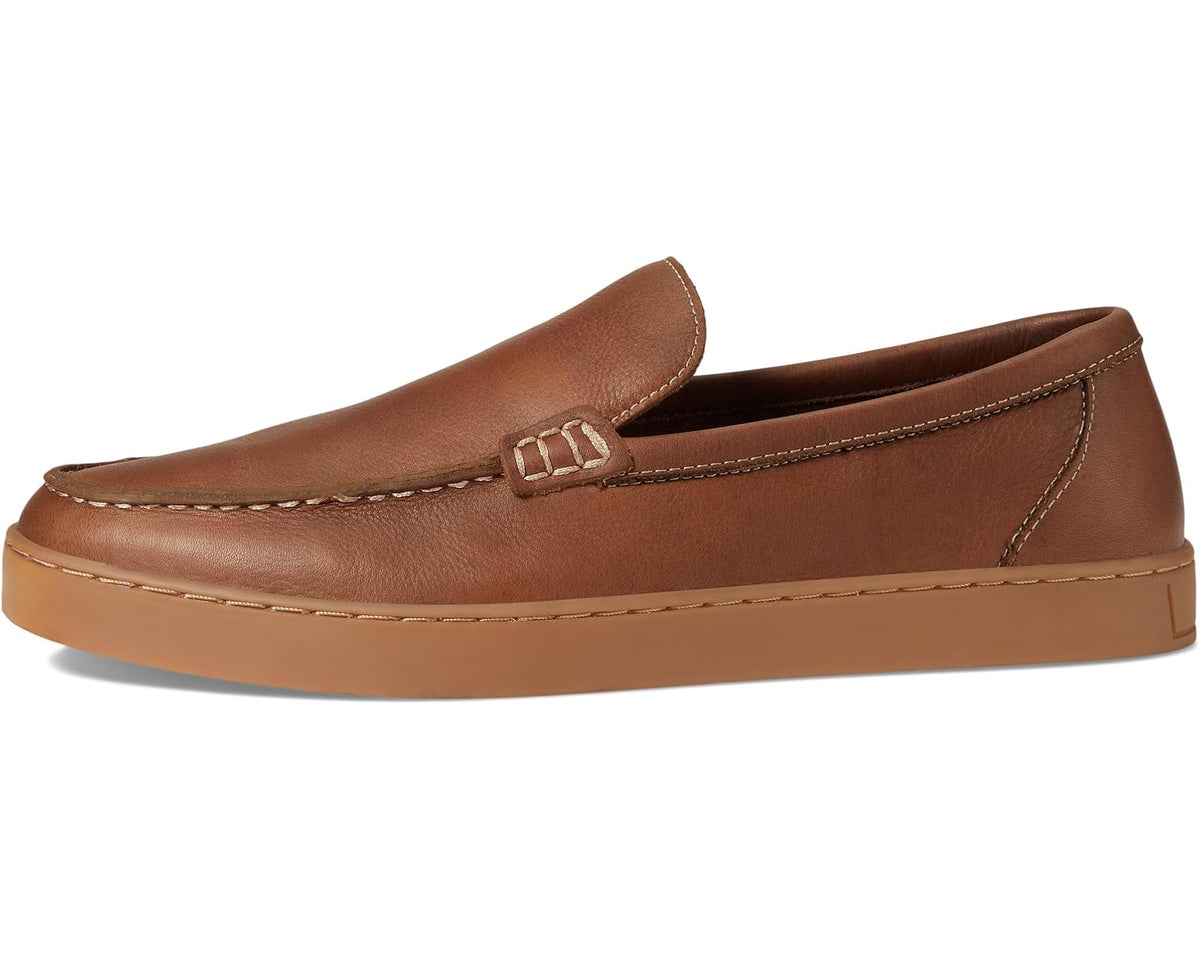 Tan leather-look men's slip-on loafer with top strap detail and side seam stitching