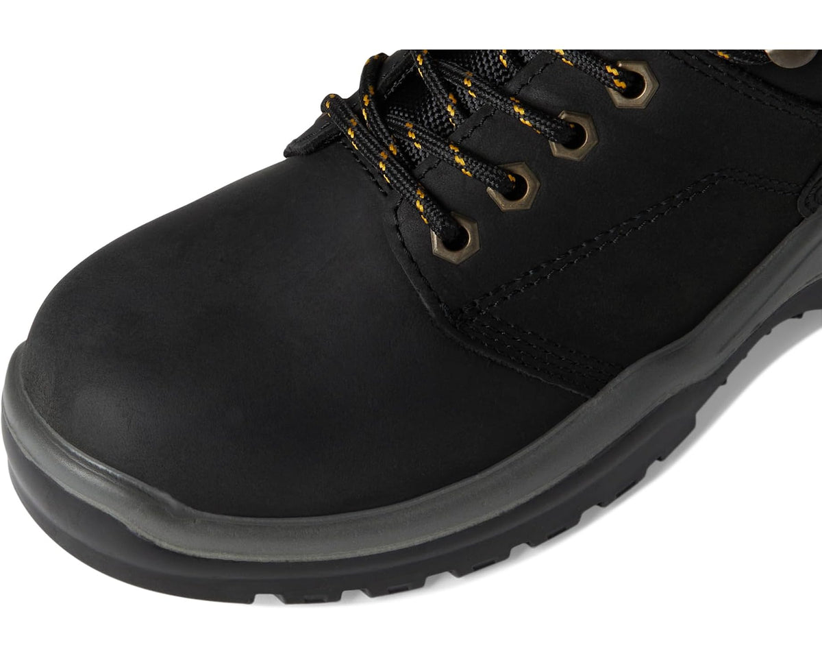 Men's black lace-up boot with textured upper and yellow stitching near eyelets