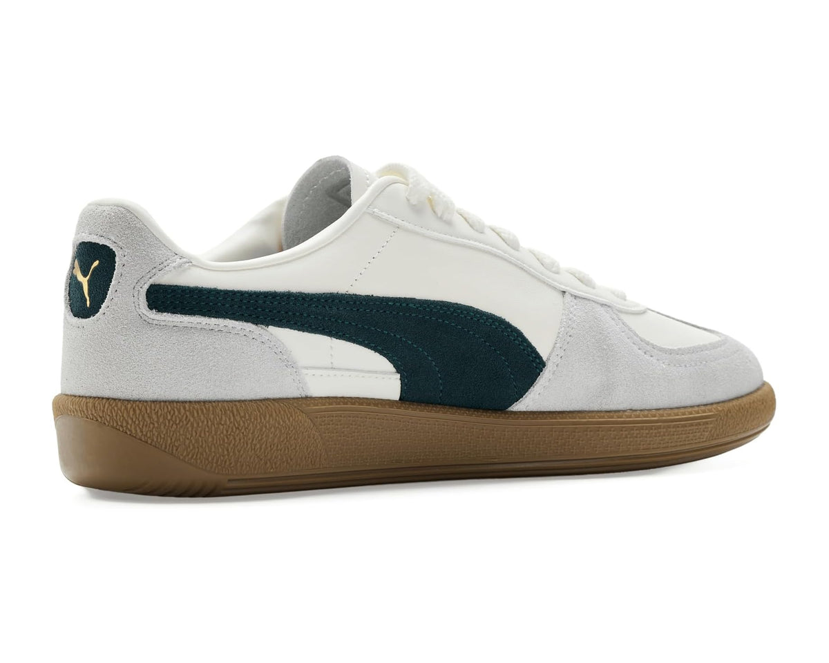 Men's PUMA Palermo low-top sneakers, white upper with dark green stripe and gum sole