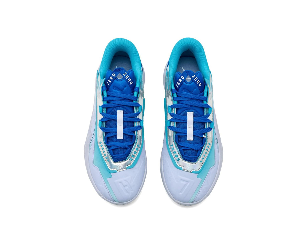 Pair of PUMA Scoot Zeros II basketball shoes with white and light blue uppers, blue laces