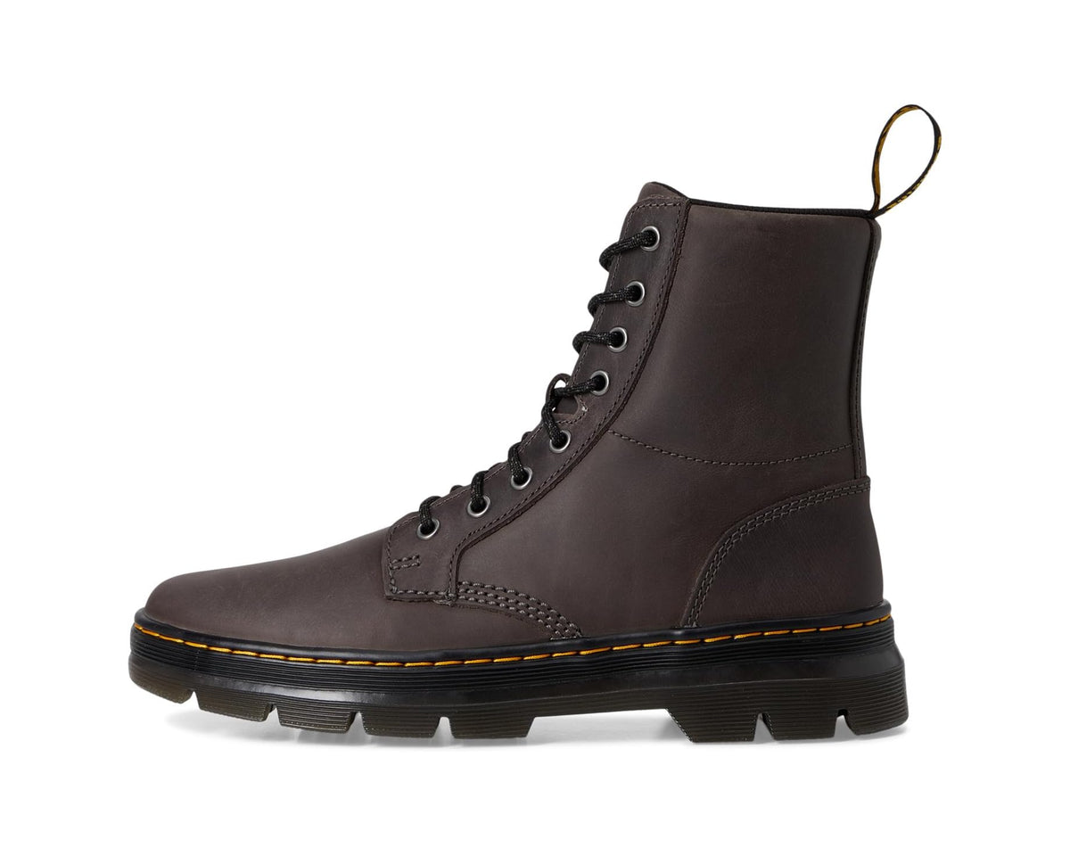 Gunmetal leather lace-up boot with yellow welt stitching and chunky black sole
