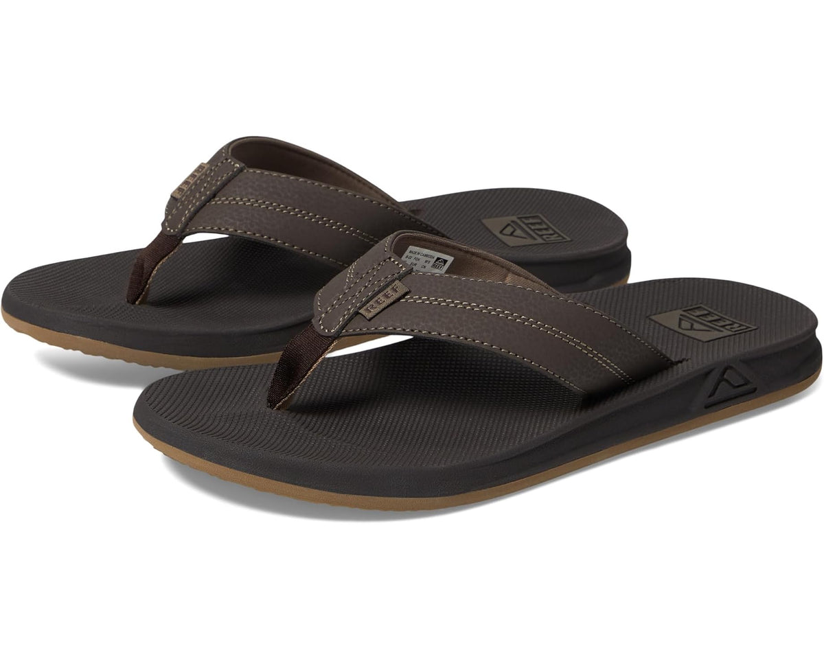 Men's brown thong flip-flops with two-strap upper and logo on footbed.