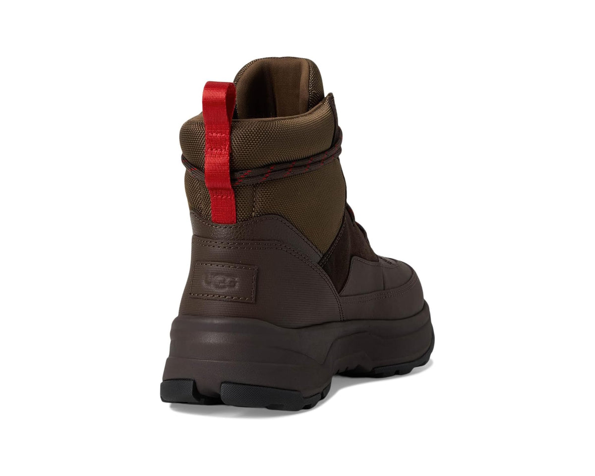 UGG Truckee boots heel, dark toffee with red pull tab and cushioned collar.