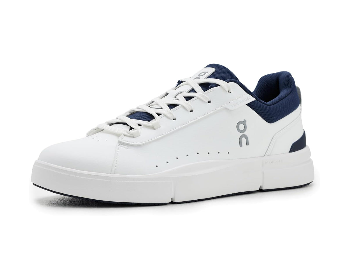 Men's On Roger Advantage sneakers in white with midnight blue accents and lace-up design