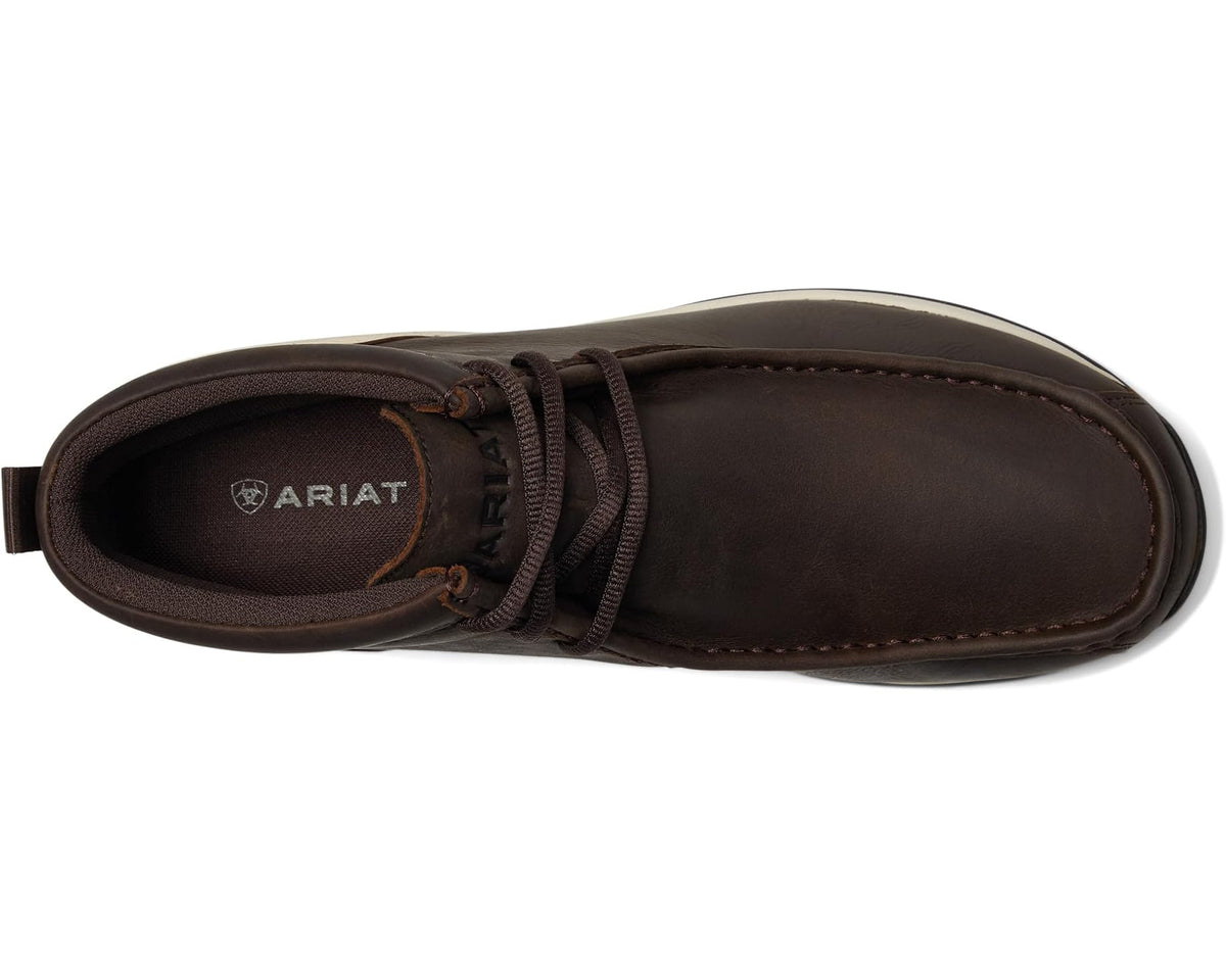 Ariat waterproof all-terrain boots in dark coffee, side view with lace-up and stitched toe