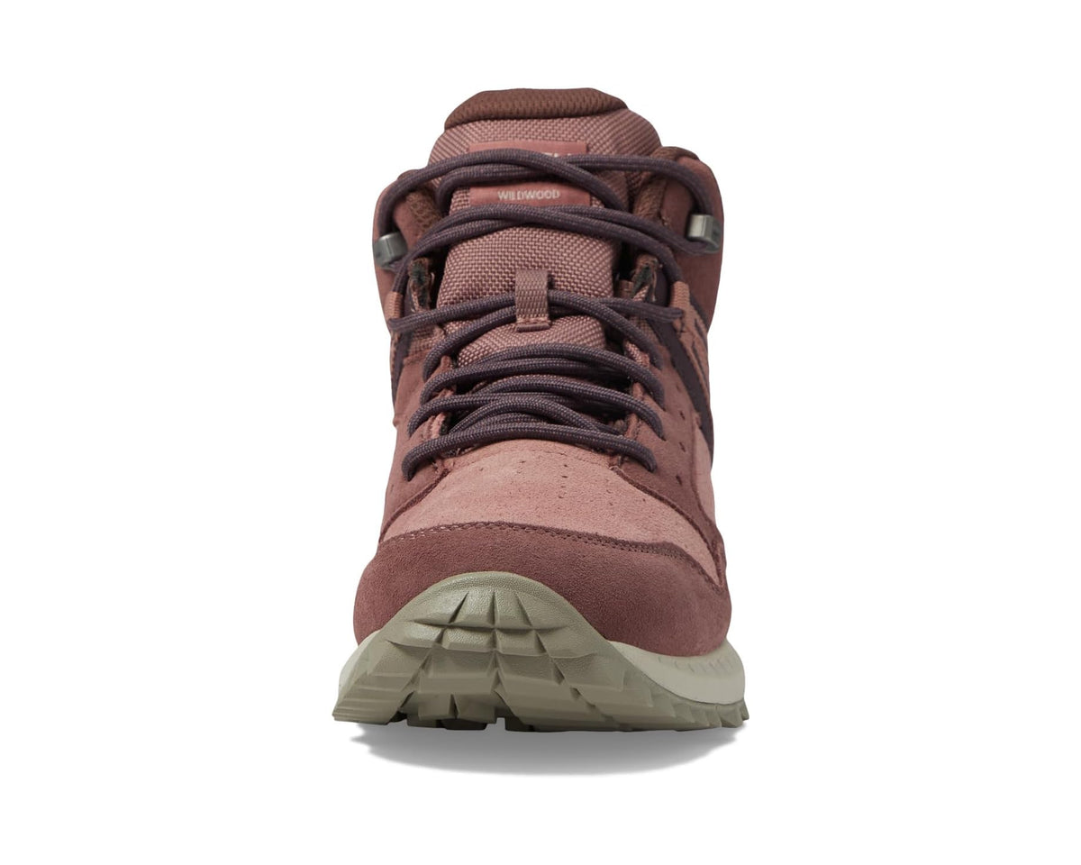 Brown lace-up mid-top waterproof hiking boot, rear view with rugged tread outsole
