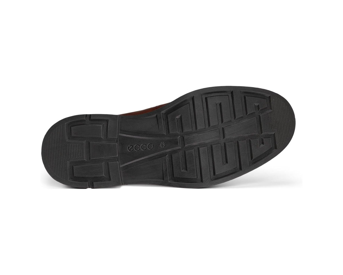 Men's ECCO penny loafer outsole with black tread and embossed ECCO mark