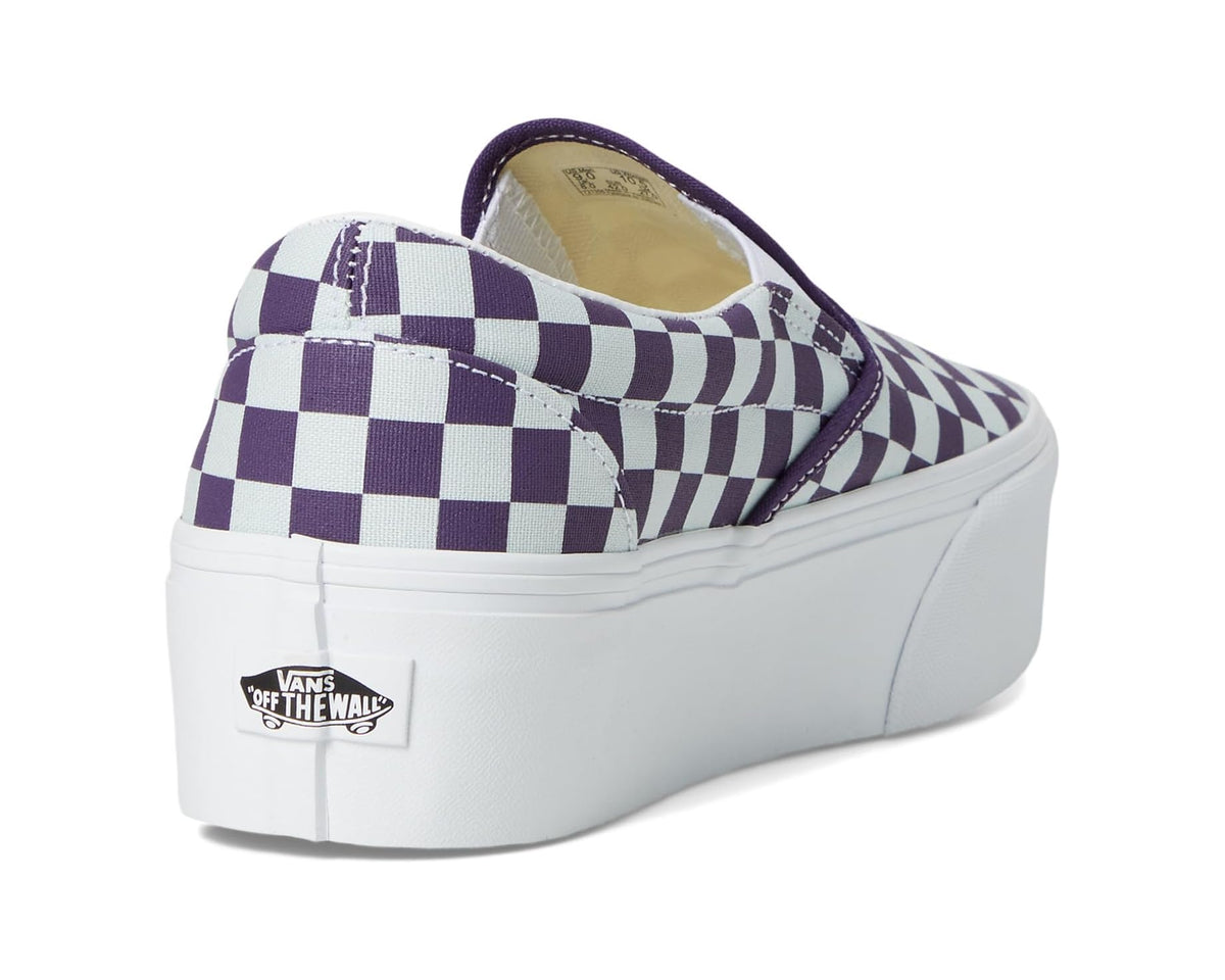 Platform slip-on sneaker heel view, checkerboard upper and Vans Off The Wall label