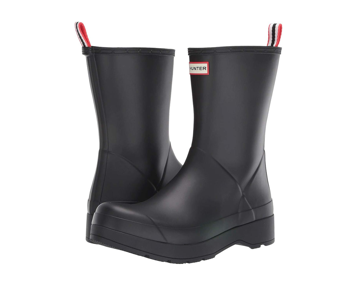 Men's mid-height black rubber play boots with red pull tab accent