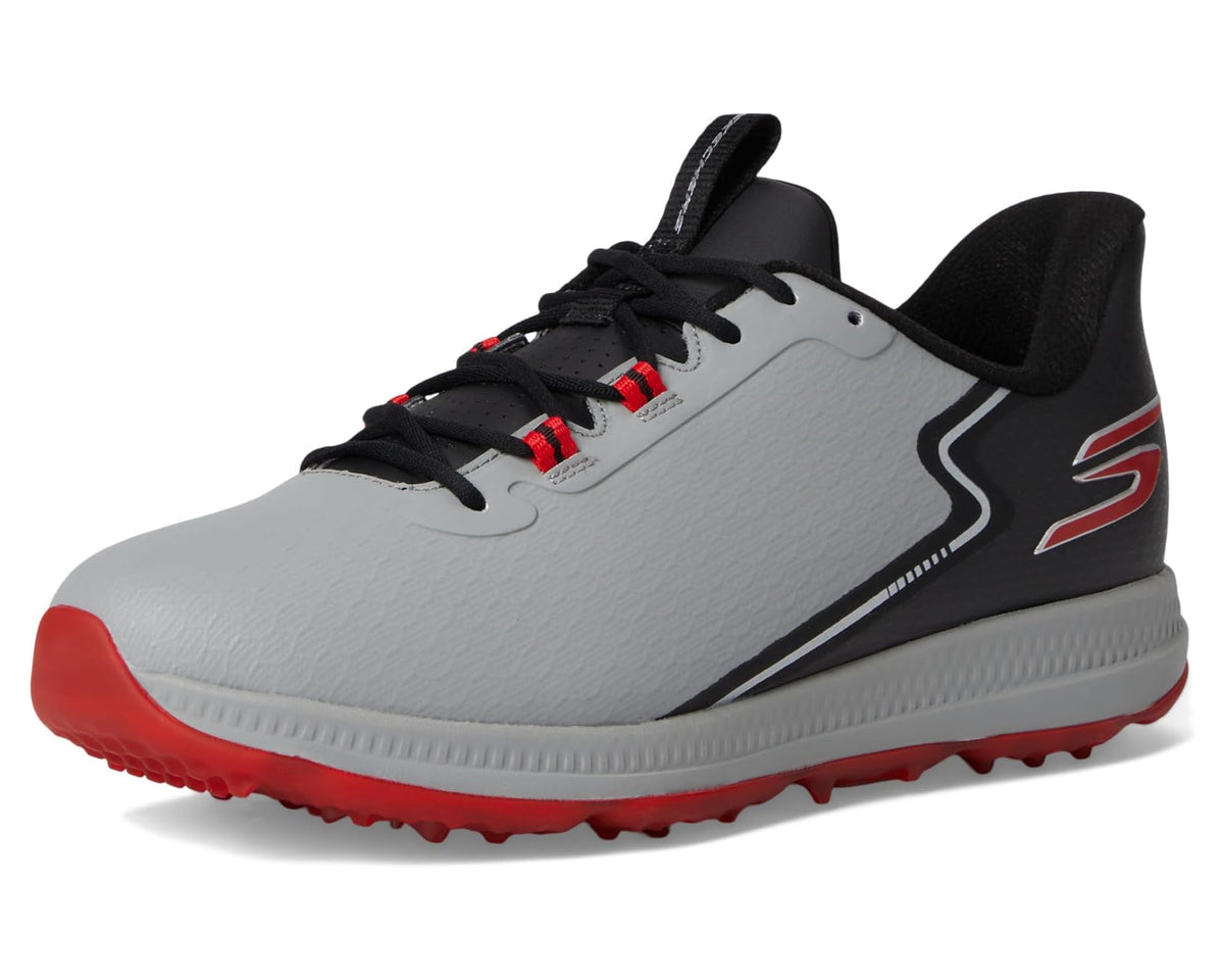 Men's charcoal golf shoe front view with black collar, laces, and red outsole