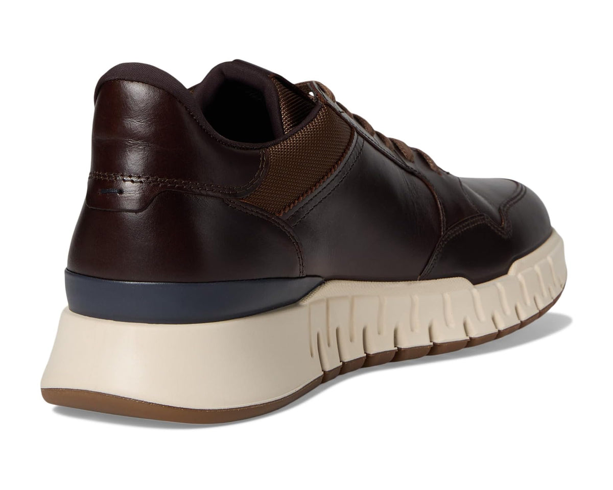ECCO men's sneaker rear view with dark brown leather and cream outsole with grip
