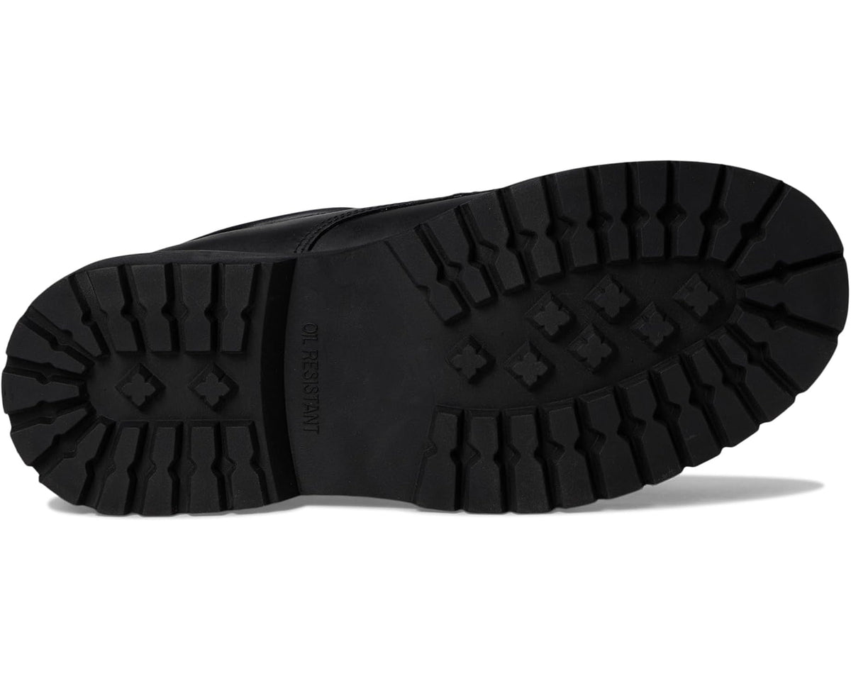 Black rugged outsole with deep tread pattern and traction grooves for grip.