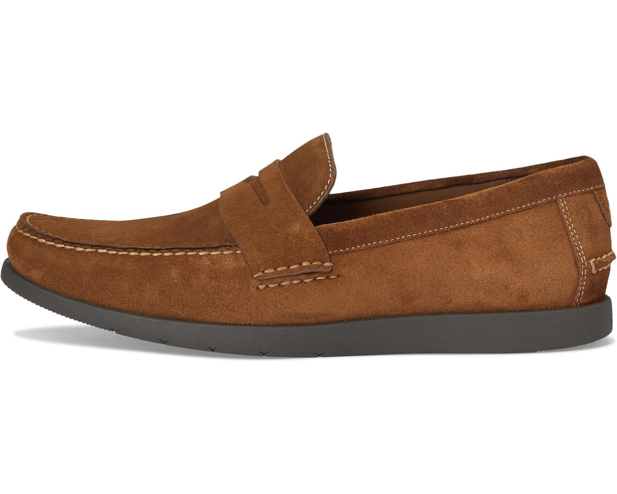 Men's brown suede penny loafer with penny slot and contrast stitching, low profile sole