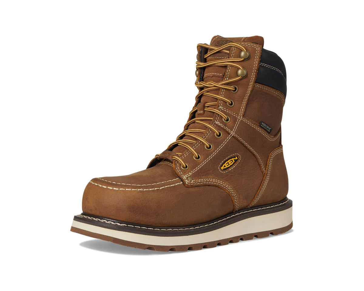 Men's KEEN 8-inch lace-up work boot in brown with tan laces, stitching, and rubber sole