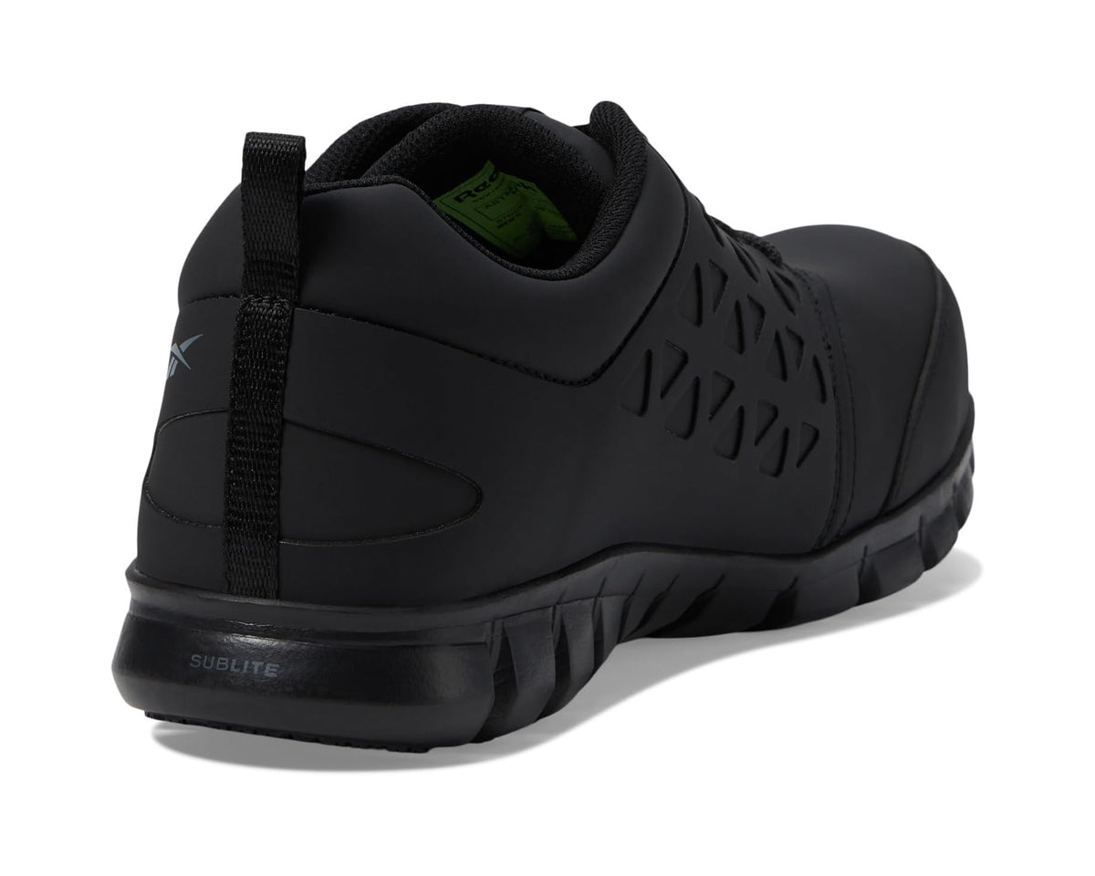 Men's Reebok black work sneaker rear view, cushioned lining and padded heel