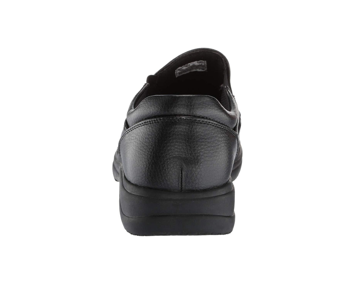 Black slip-on work shoe rear view with padded heel and pull-on collar