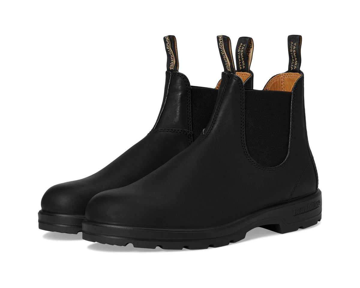 Black leather Chelsea boots with elastic side panels and rugged rubber sole