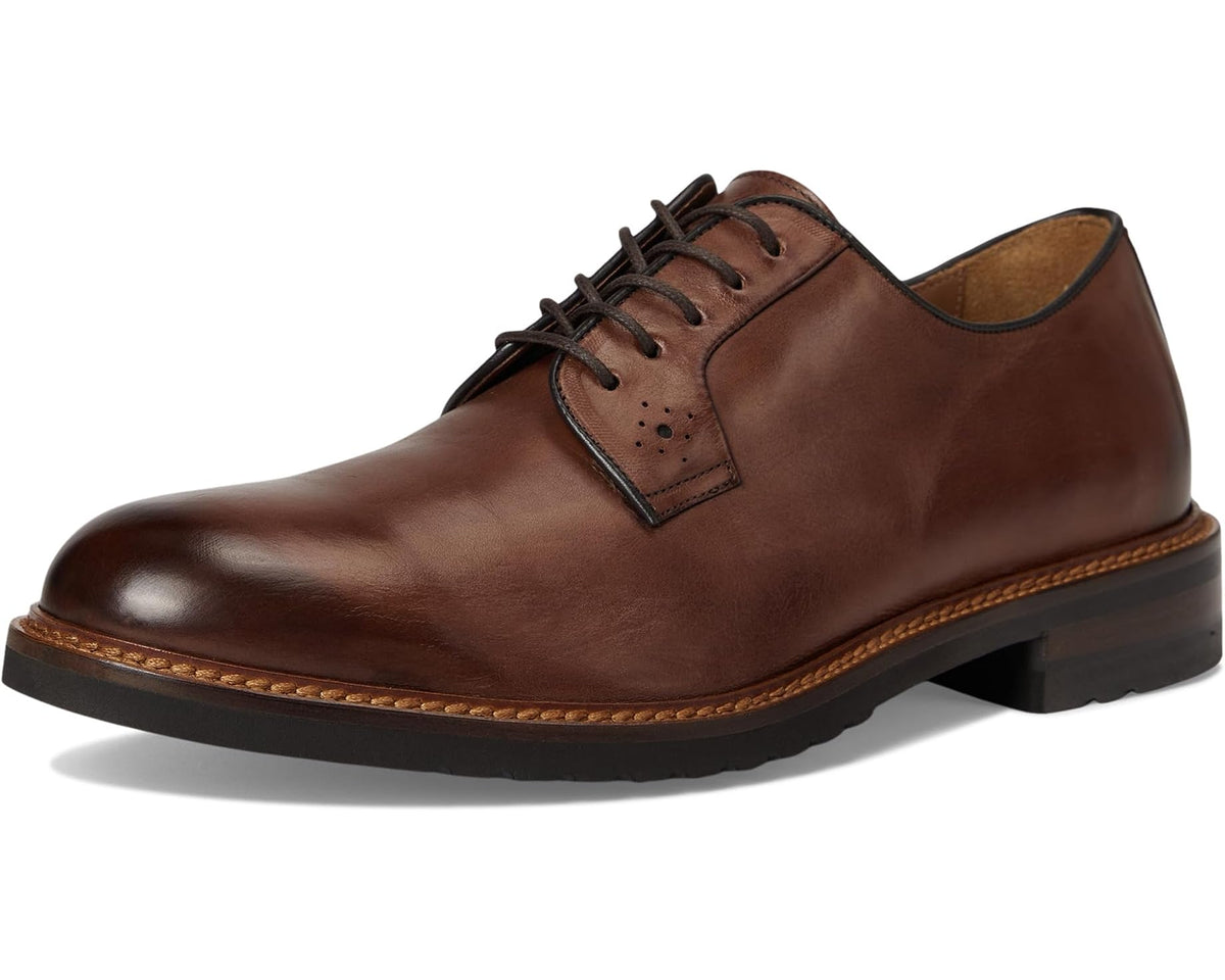 Men's tan leather oxford shoe front 3/4 view, lace-up with plain toe and welt
