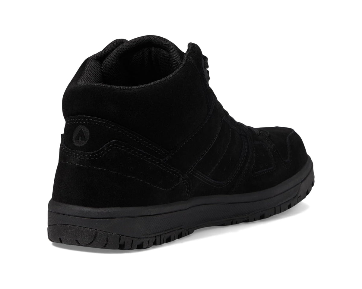Black mid-top work boot with padded collar and rubber outsole