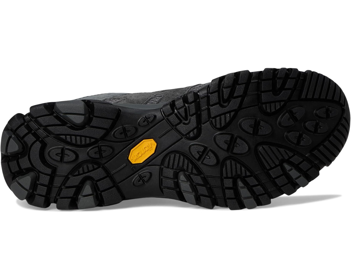 Men's Merrell Moab 3 GTX granite outsole, deep tread with yellow traction mark