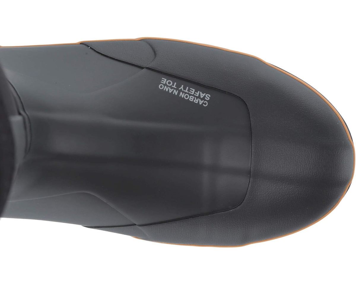 Black rubber boot toe and side panel with orange piping and embossed logo