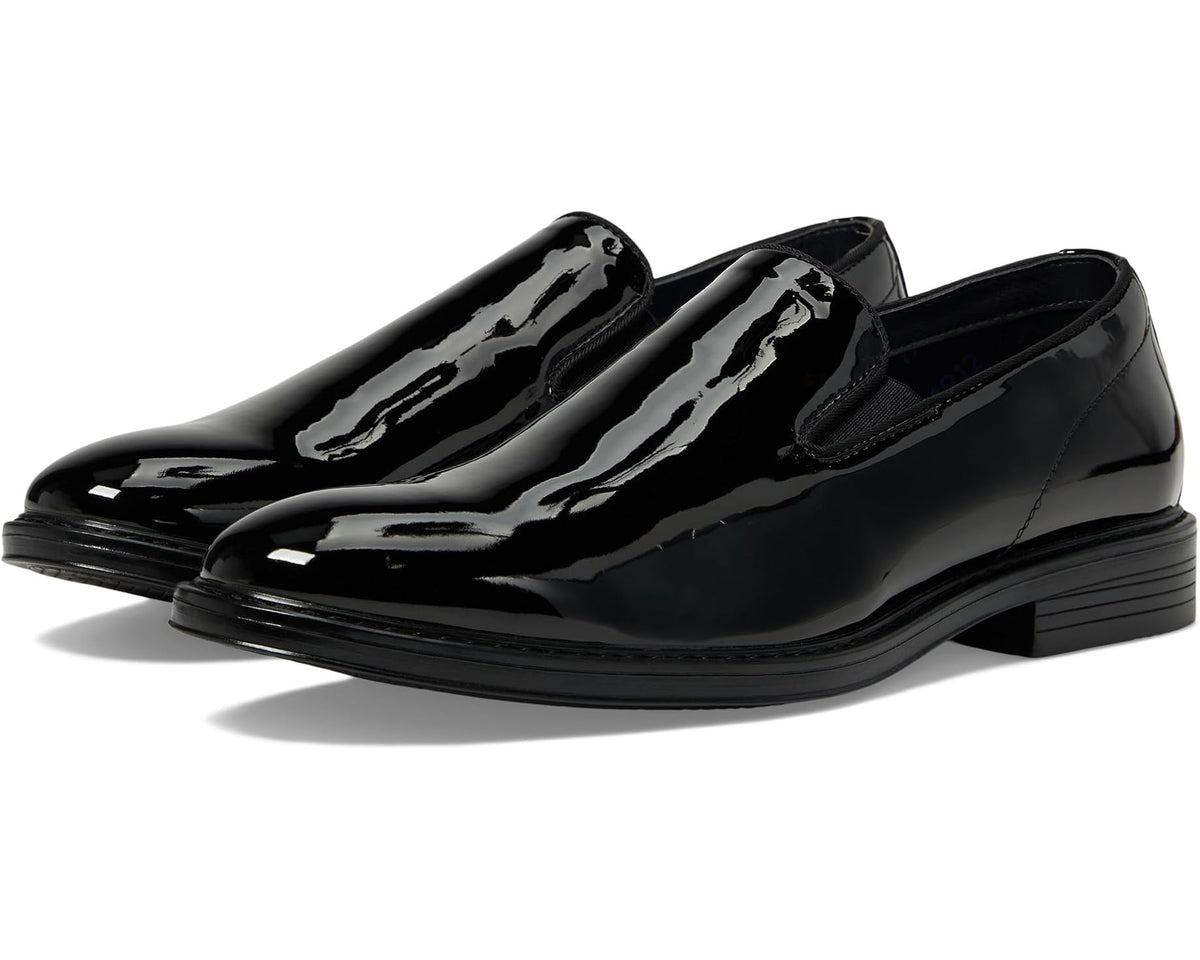 Black patent plain-toe slip-on formal loafer with sleek low heel