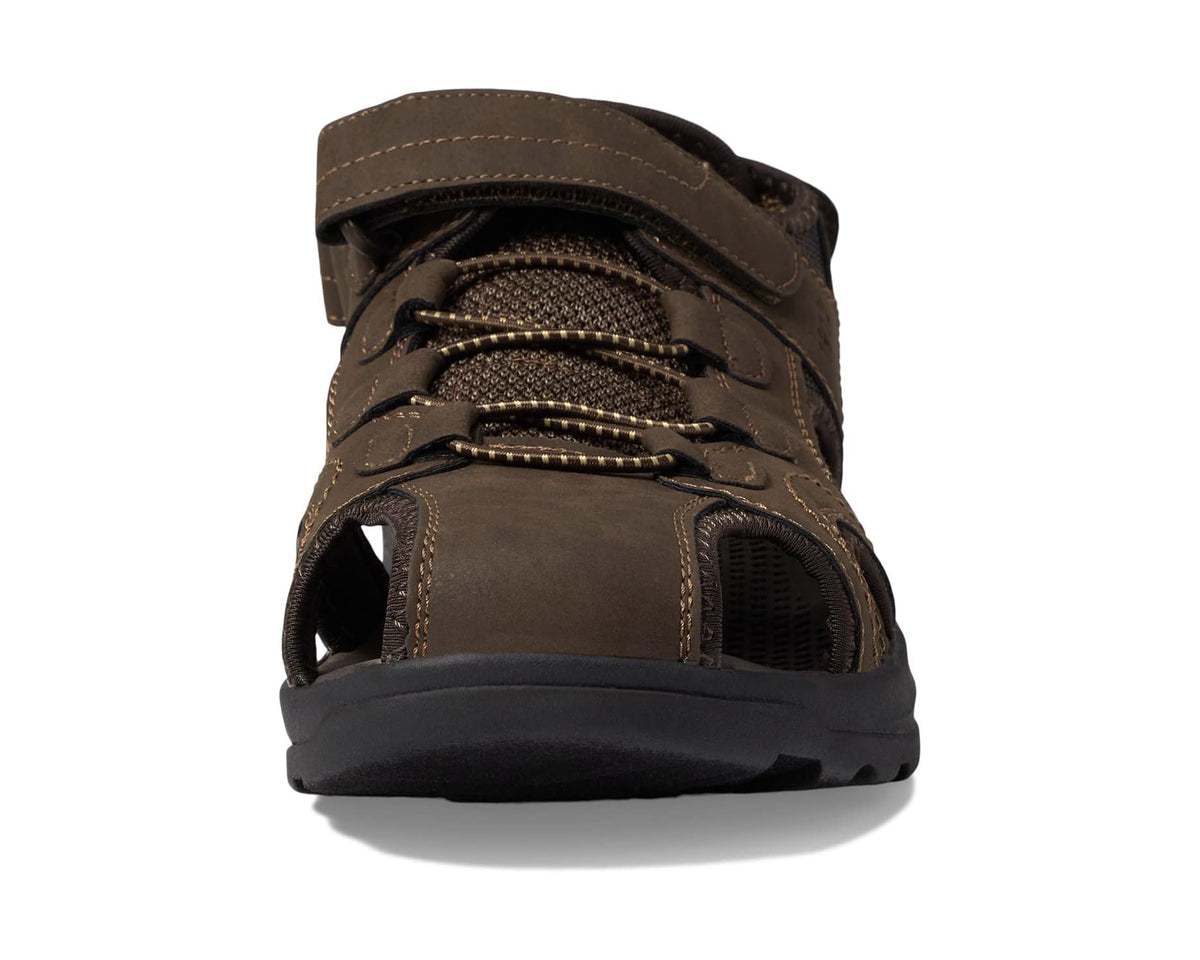 Brown closed-toe sandal rear view with adjustable ankle strap and breathable upper