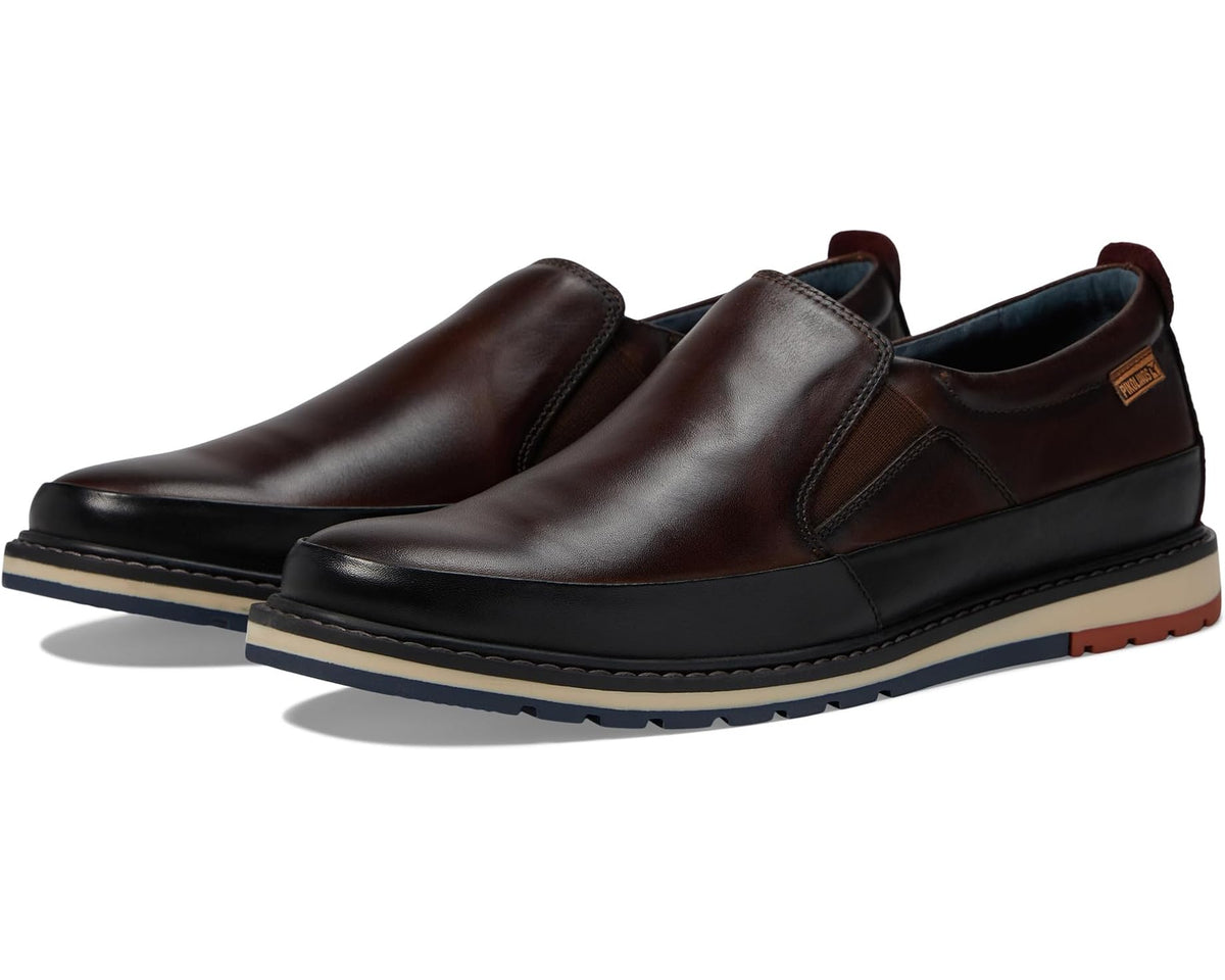 Men's brown leather slip-on shoes with cushioned collar and black rubber sole