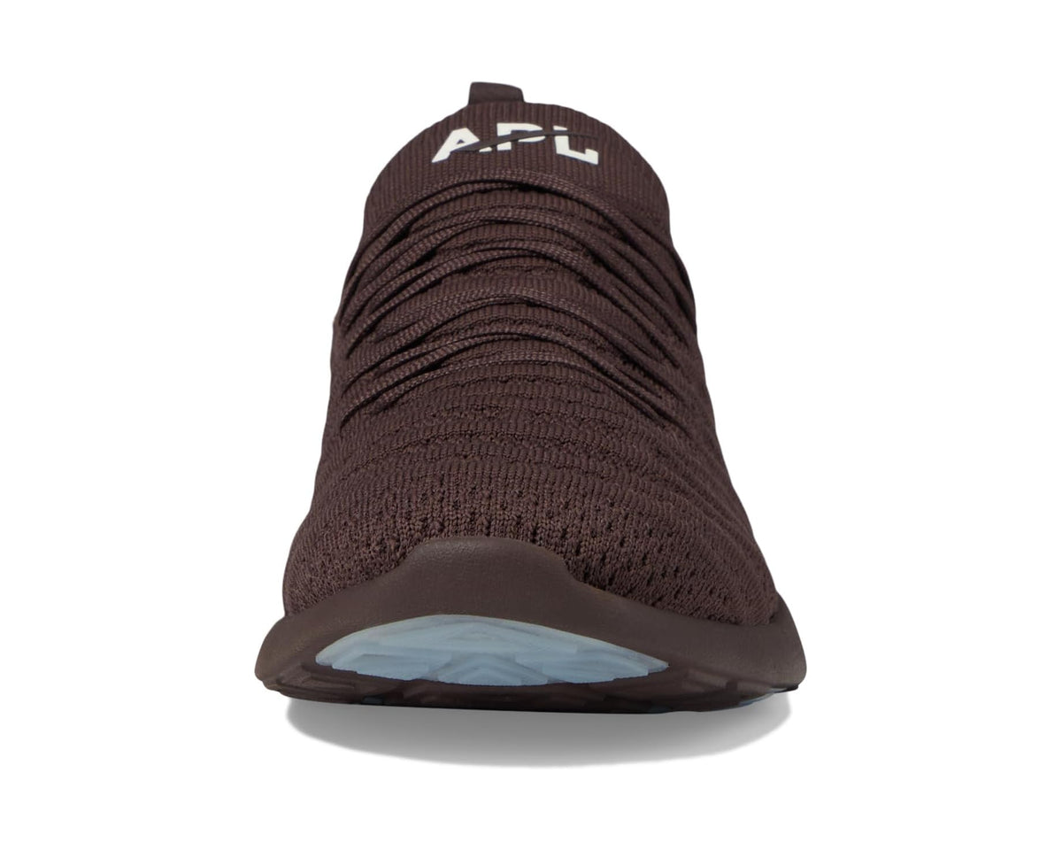 Men's dark brown knit running shoe with APL logo on the tongue