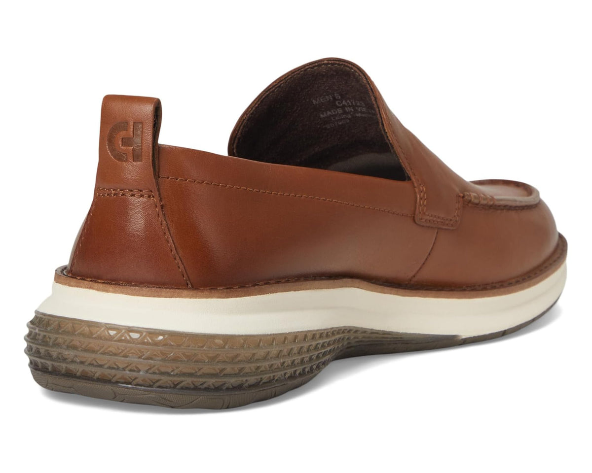 Men's brown leather loafer back view with heel loop and textured rubber outsole
