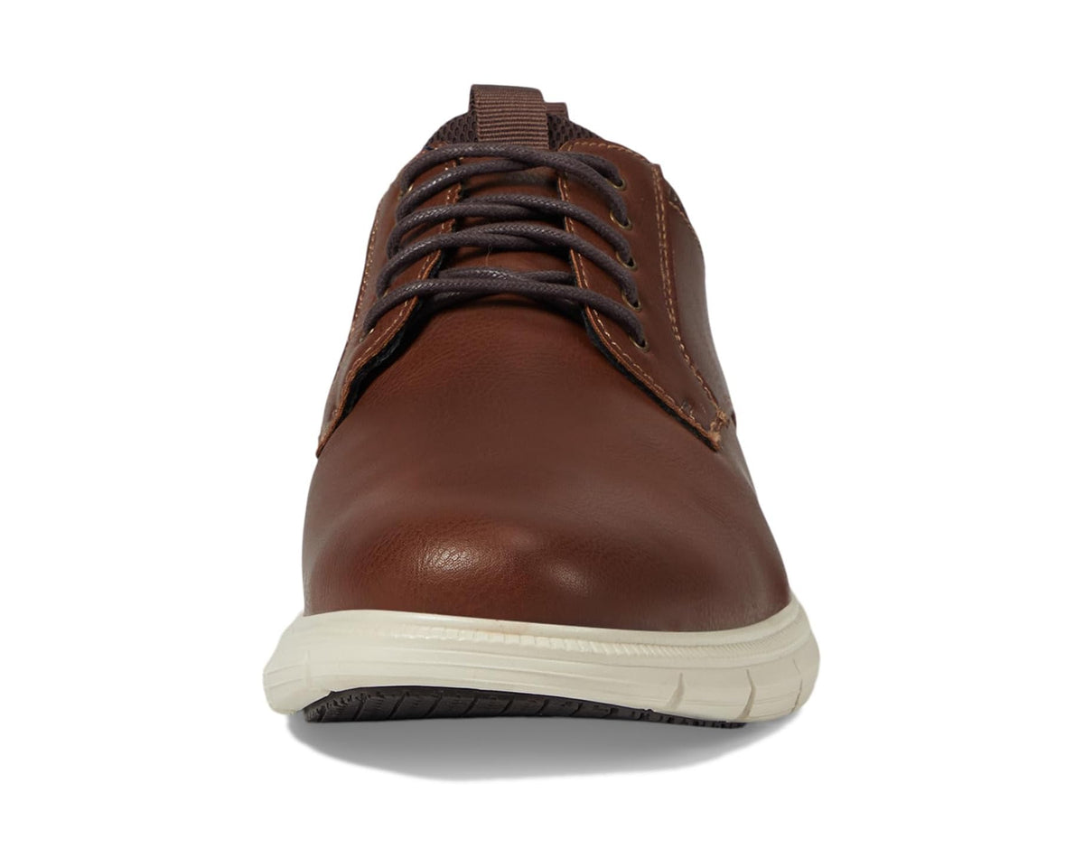 Brown leather lace-up sneaker with black laces and low white midsole