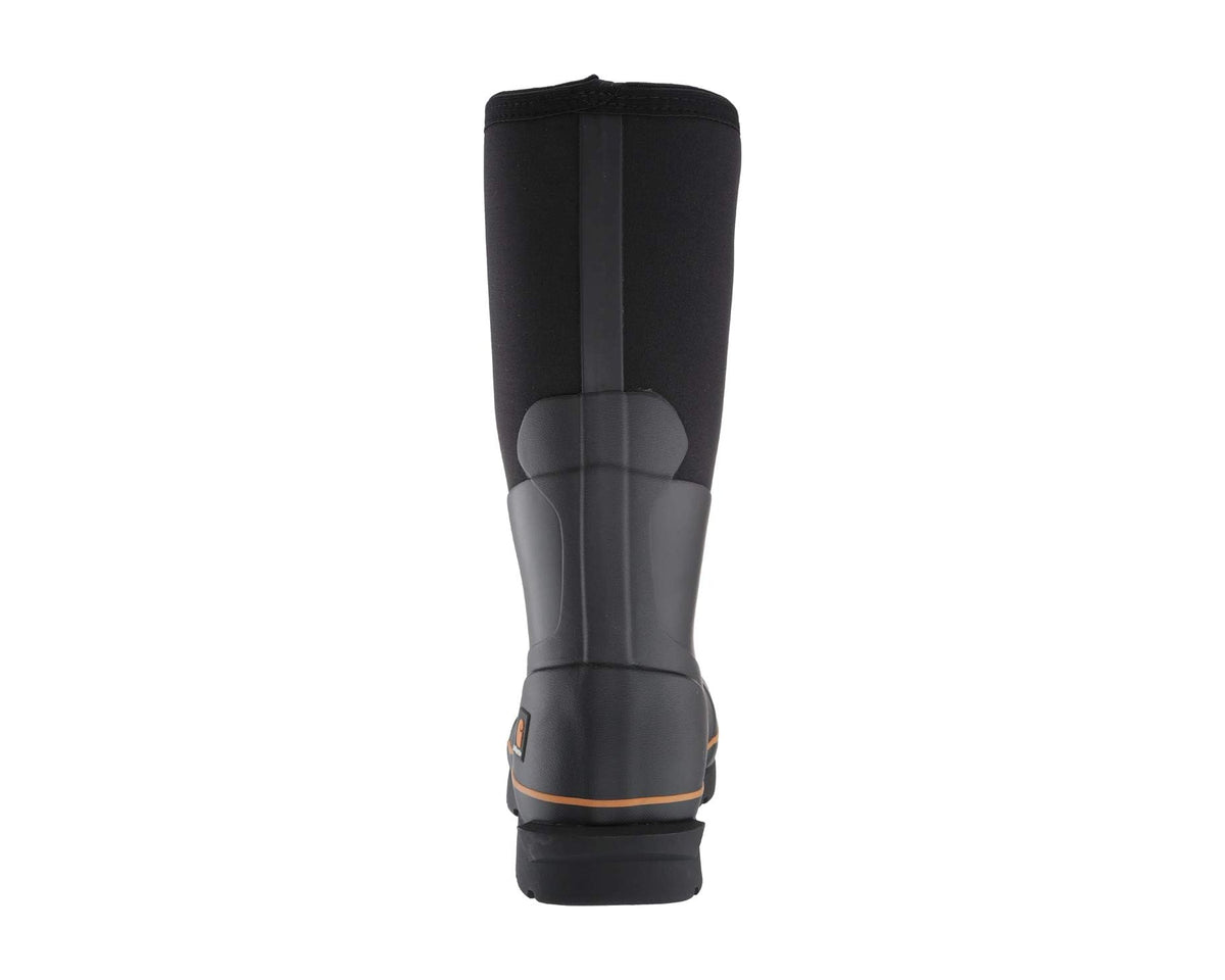 Black rubber boot with tall shaft, dark panel at heel, and orange trim