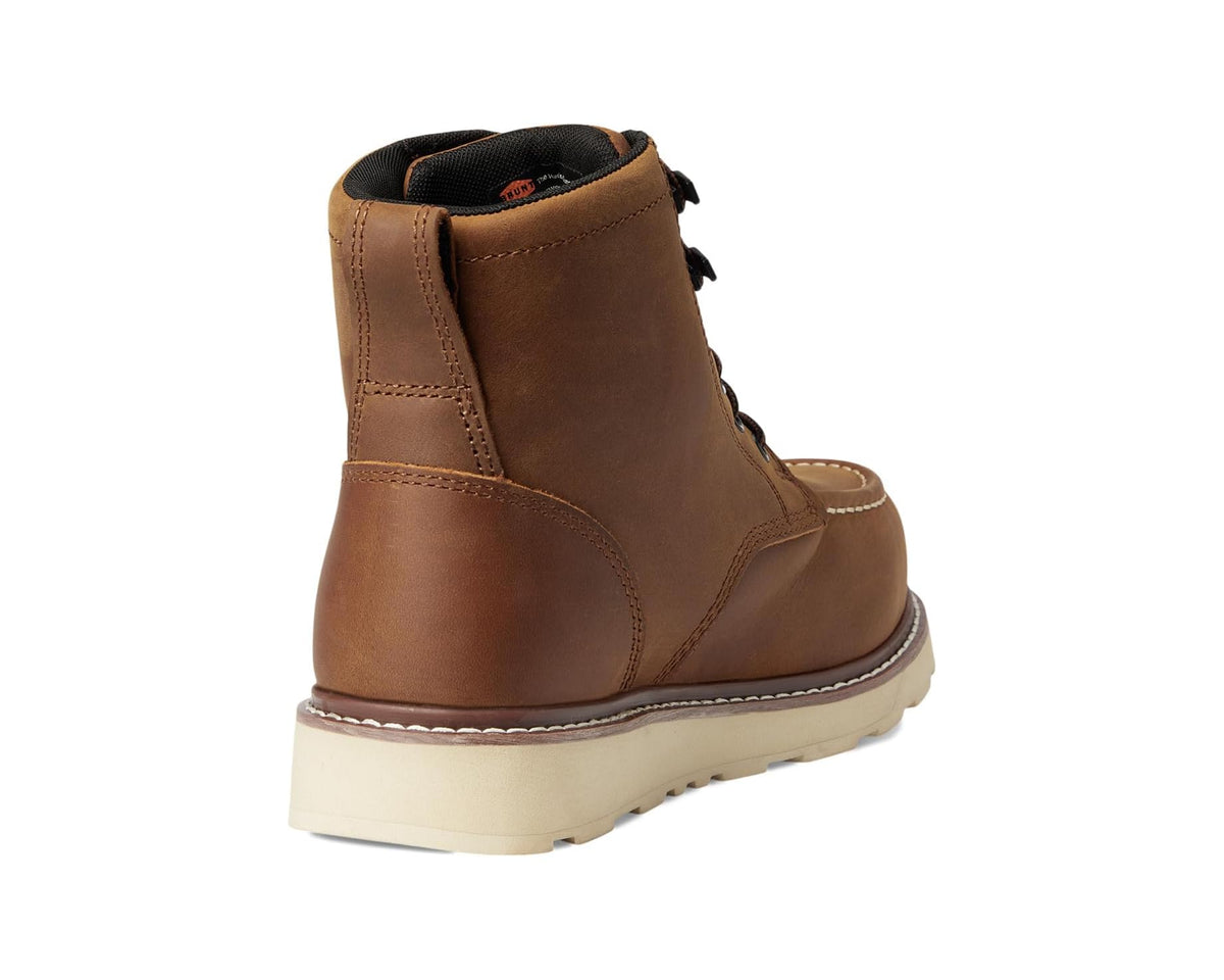 Brown lace-up work boot with padded collar and heel