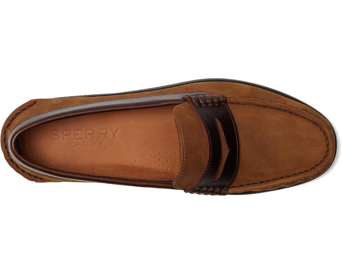 Men's brown suede loafer with cushioned lining and black strap detail