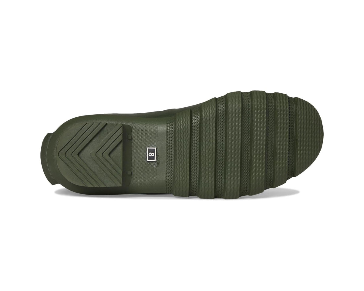 Olive green wellington boot outsole with deep tread pattern