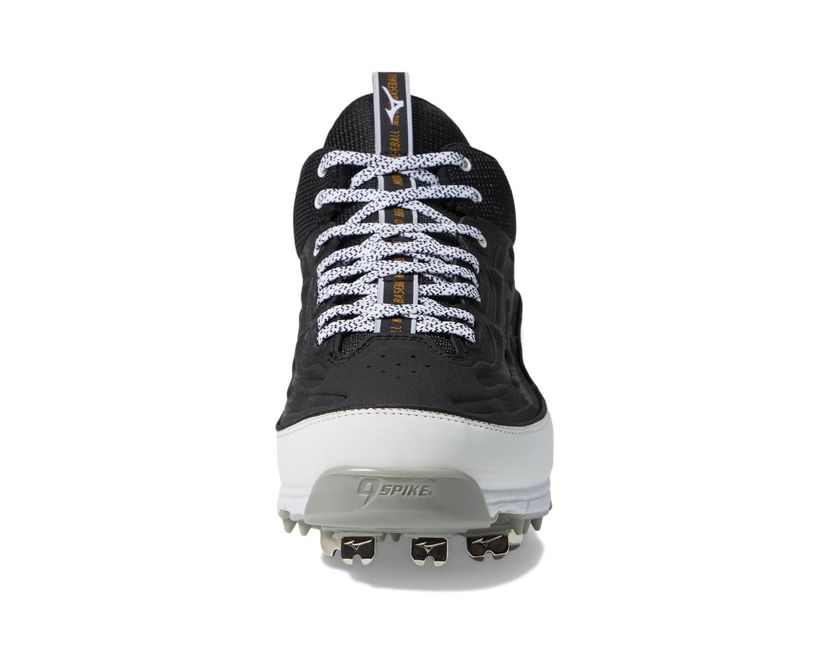 Men's mid-top baseball cleats, black with white sole and metal spike studs