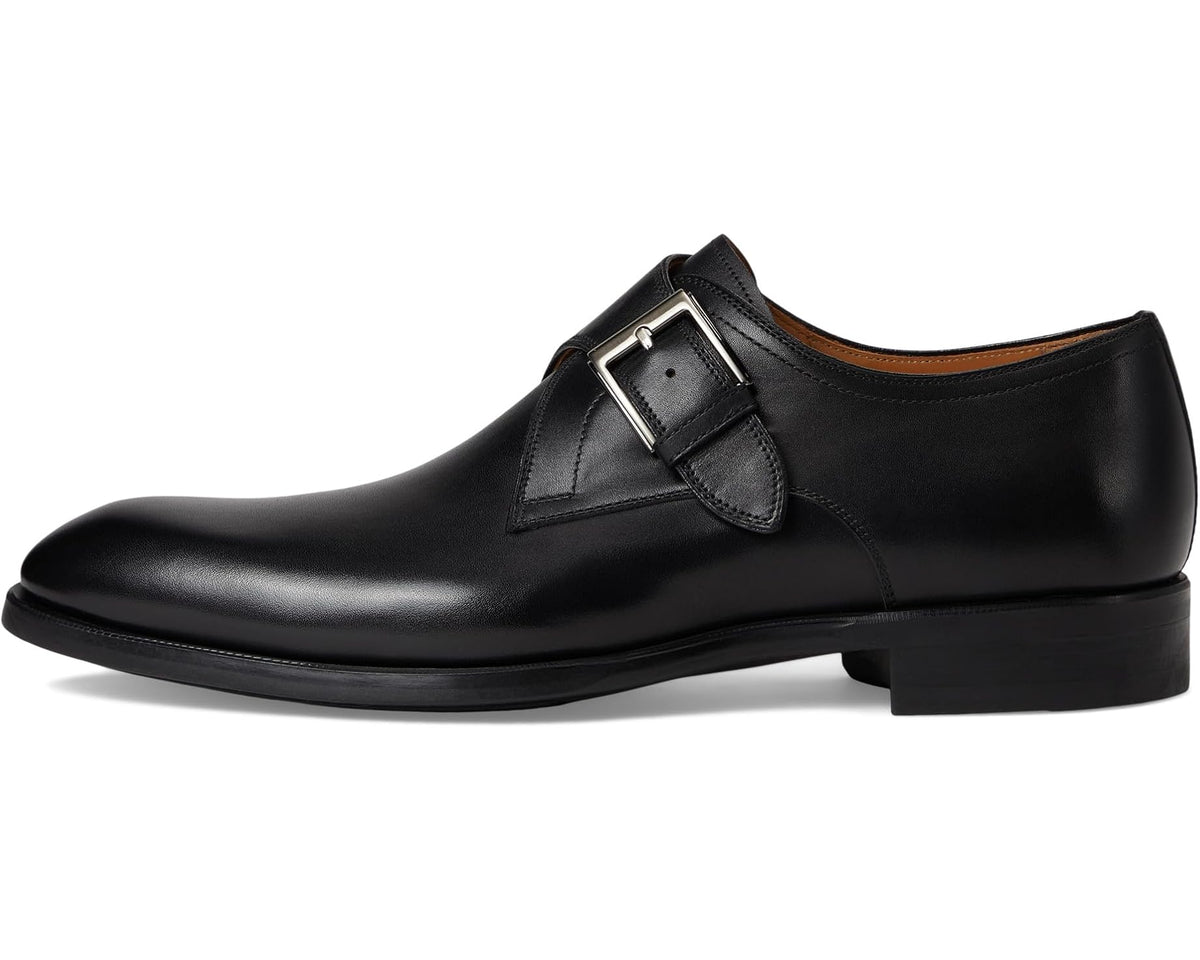Black leather men's dress shoe with square buckle, front-left view.