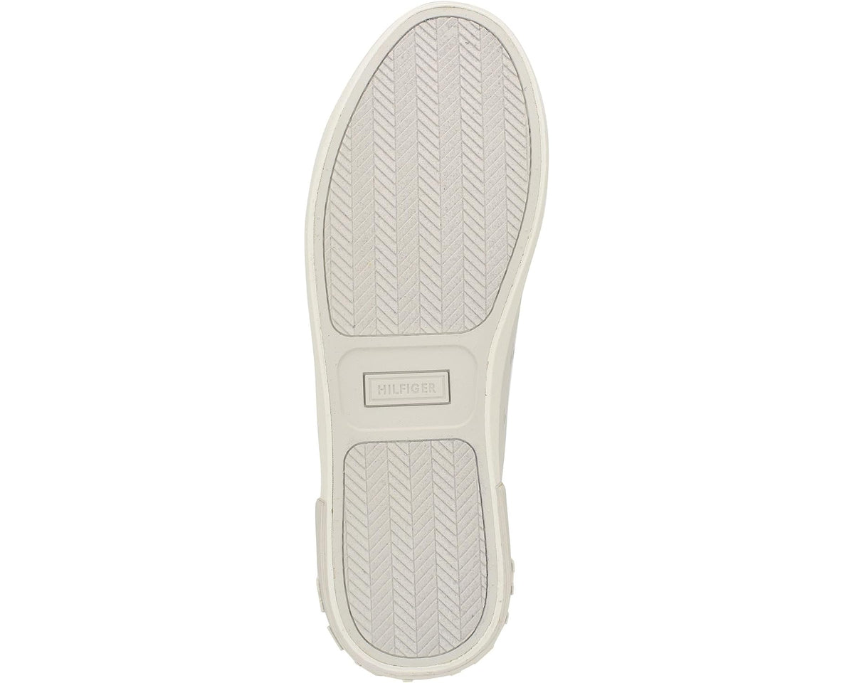 Men's Tommy Hilfiger sneaker outsole with herringbone tread on light ice grey upper