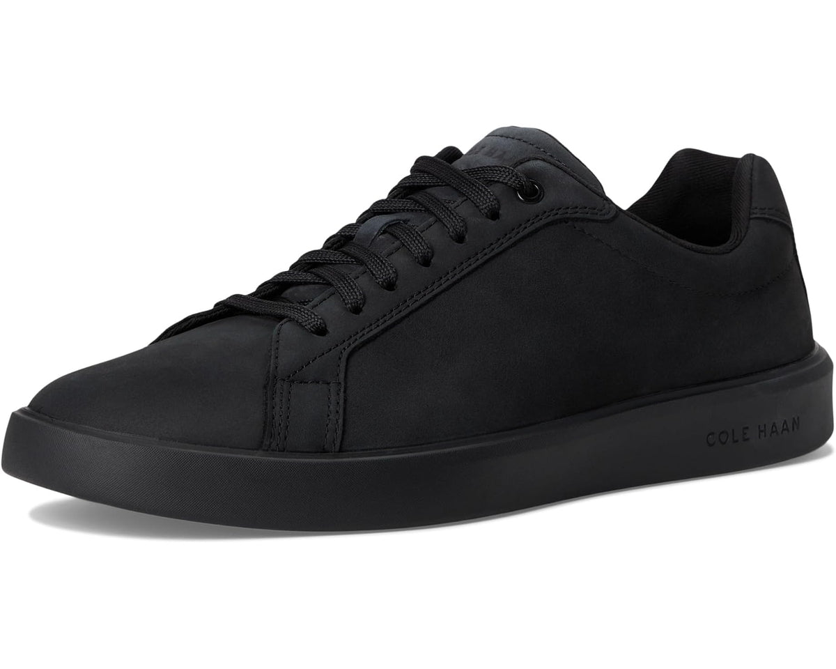 Black nubuck lace-up sneakers angled side view with rubber sole