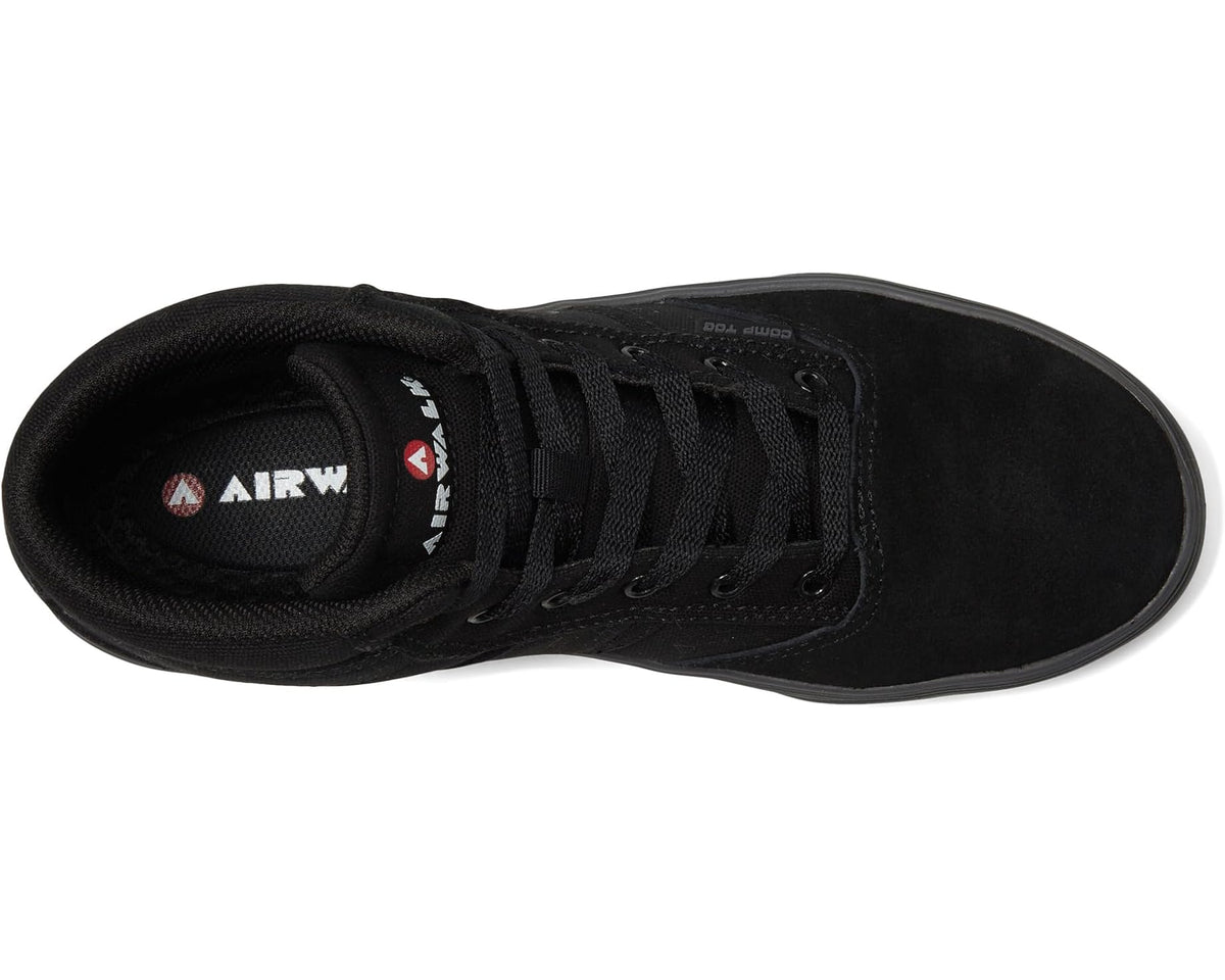 Black lace-up boot closeup showing tongue lining with Airwalk logo