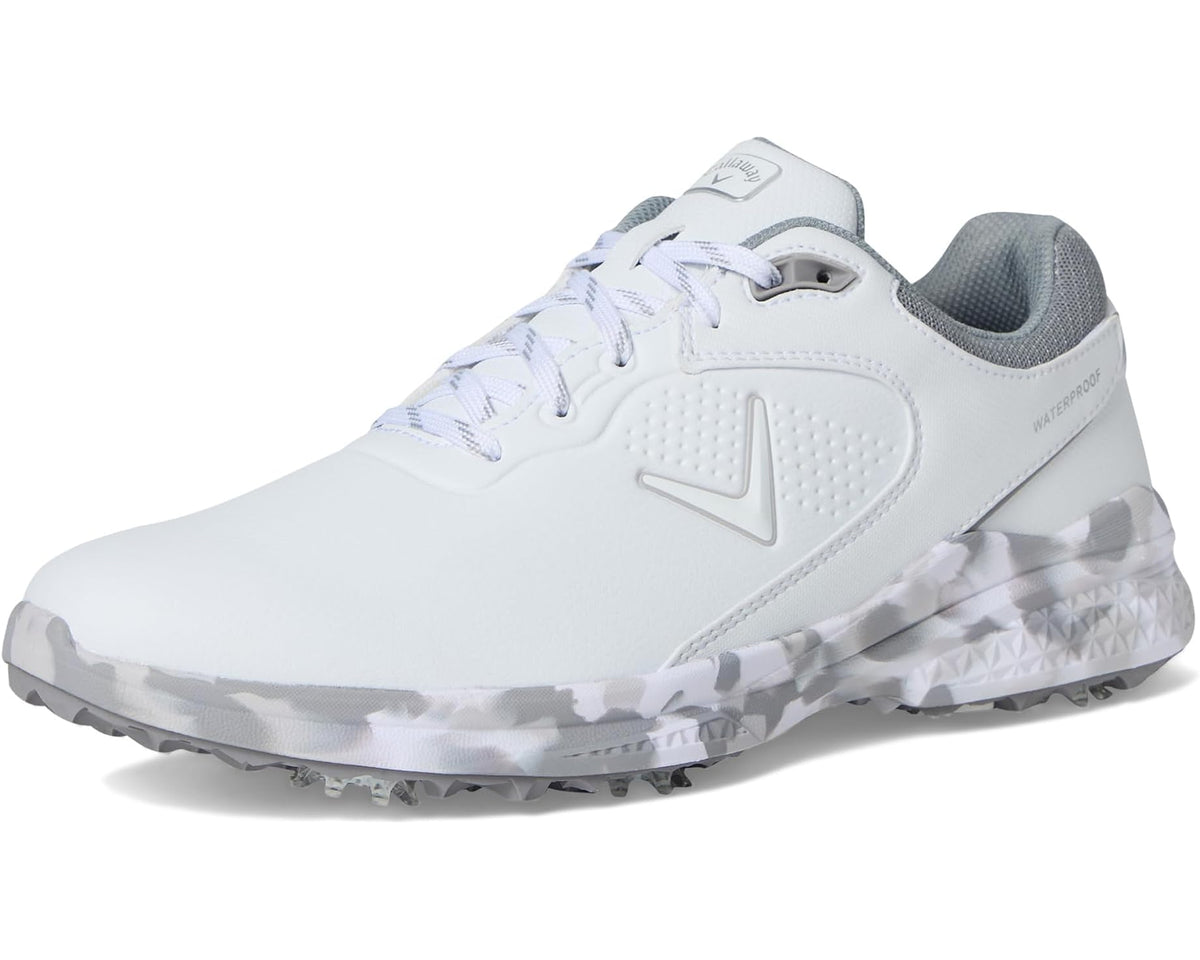 Men's white and grey lace-up golf shoe front 3/4 view with cushioned collar and tread