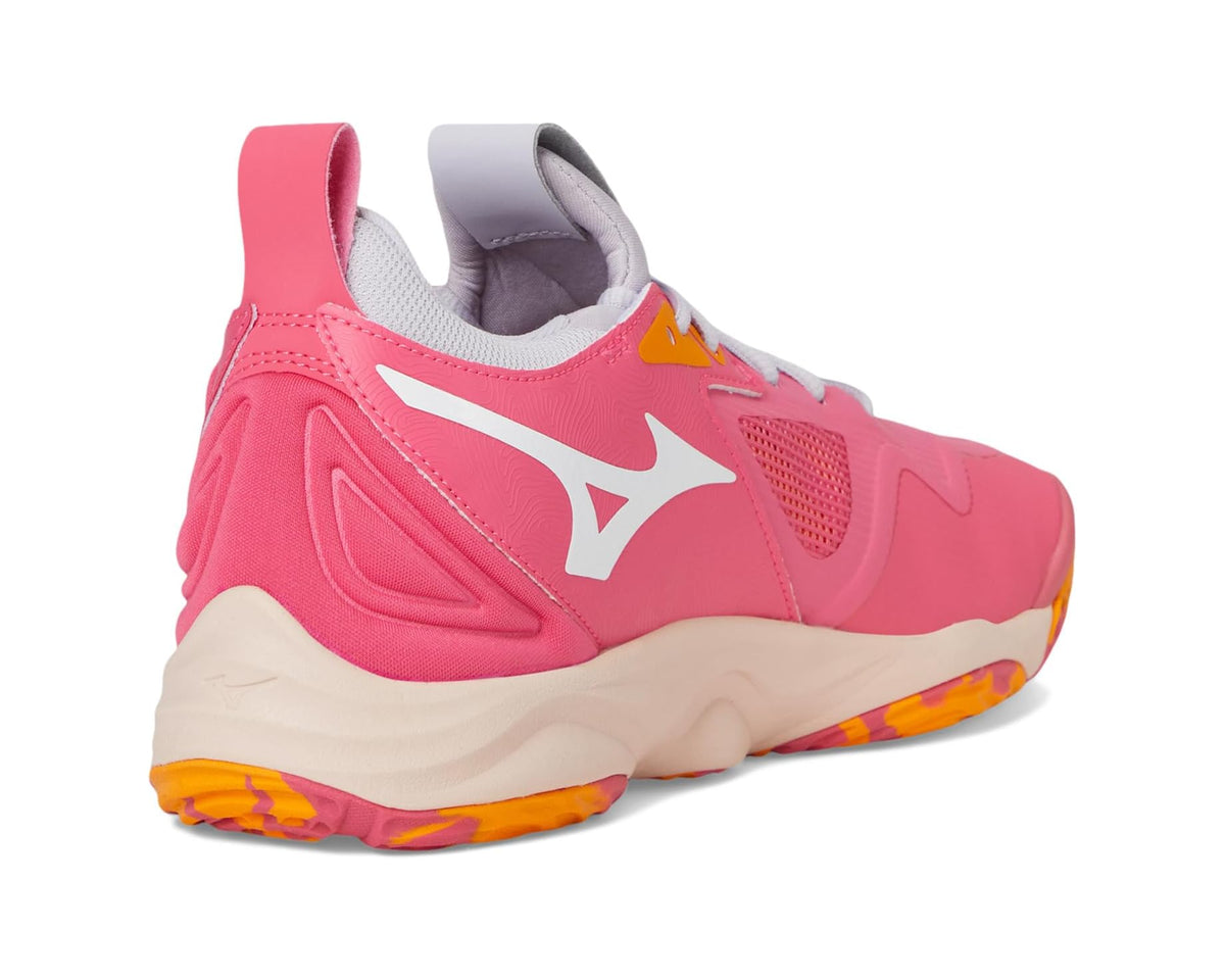 Unisex Mizuno Wave Momentum 3 running shoe, rear side view with pink heel and white midsole.