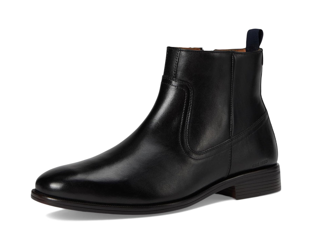 Men's black leather zip-up Chelsea boot front view with pull tab and elastic gore