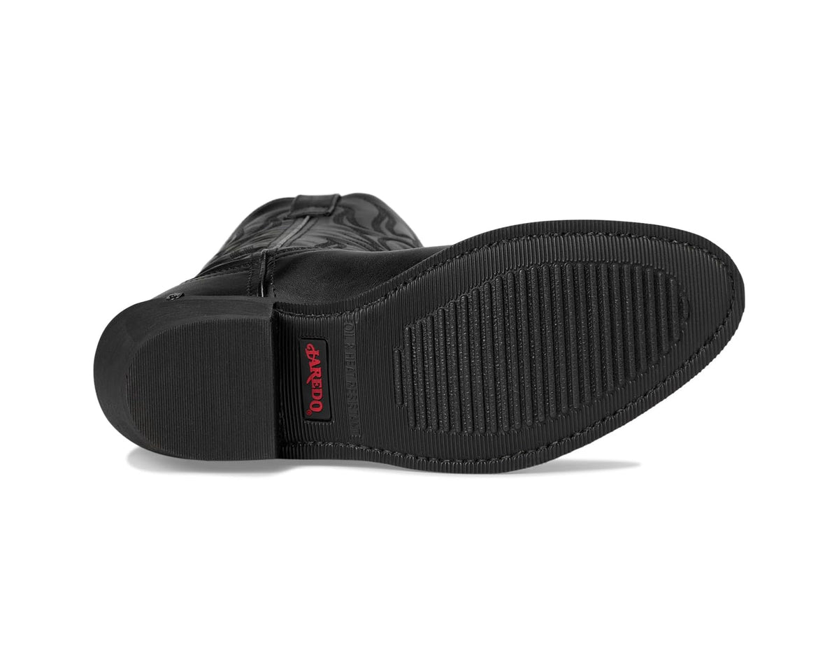 Men's black cowboy boots with textured outsole and branded insole