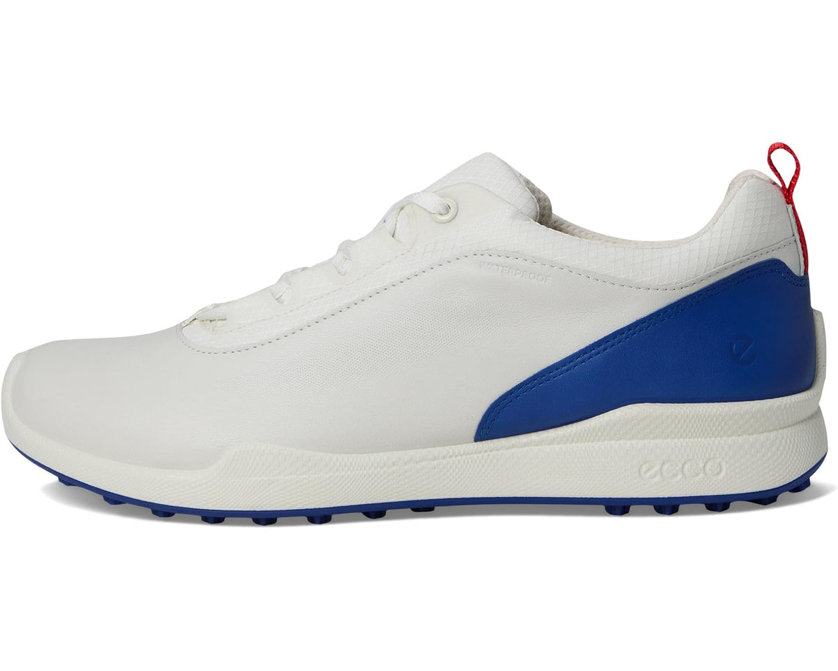 White men’s golf sneaker with blue side panel, lace-up closure, and waterproof design