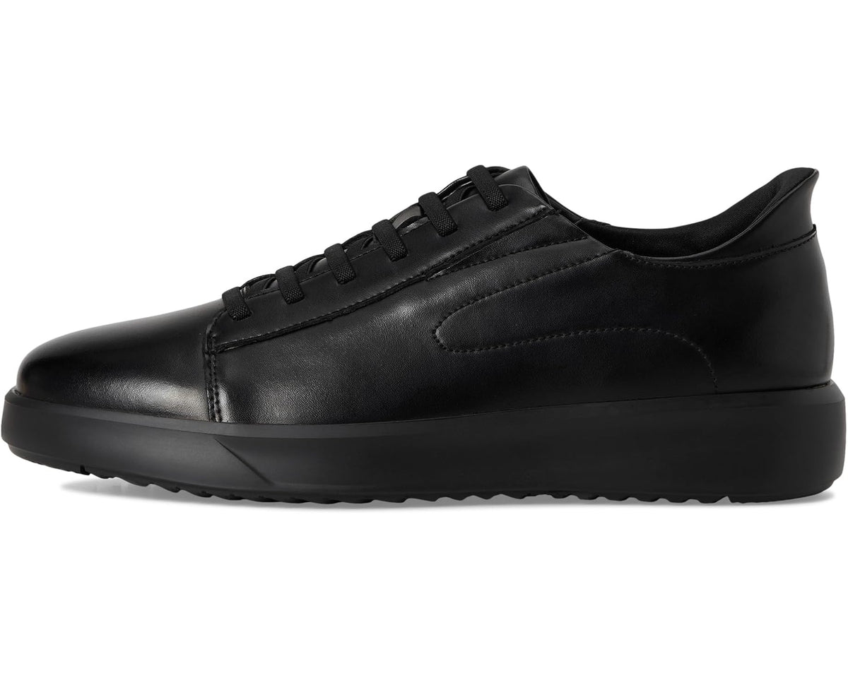 Black leather lace-up low-top sneakers with stitched side panel and thick sole
